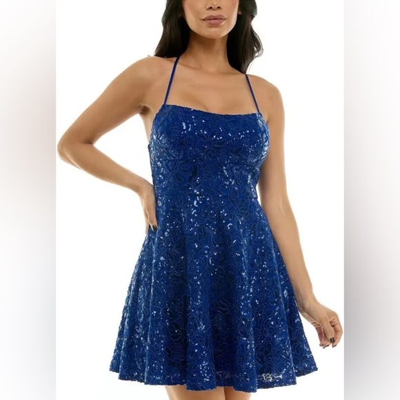 Embroidered Sequin Square Neck Spaghetti Strap Criss Cross Back Fit & Flare - Picture 1 of 10